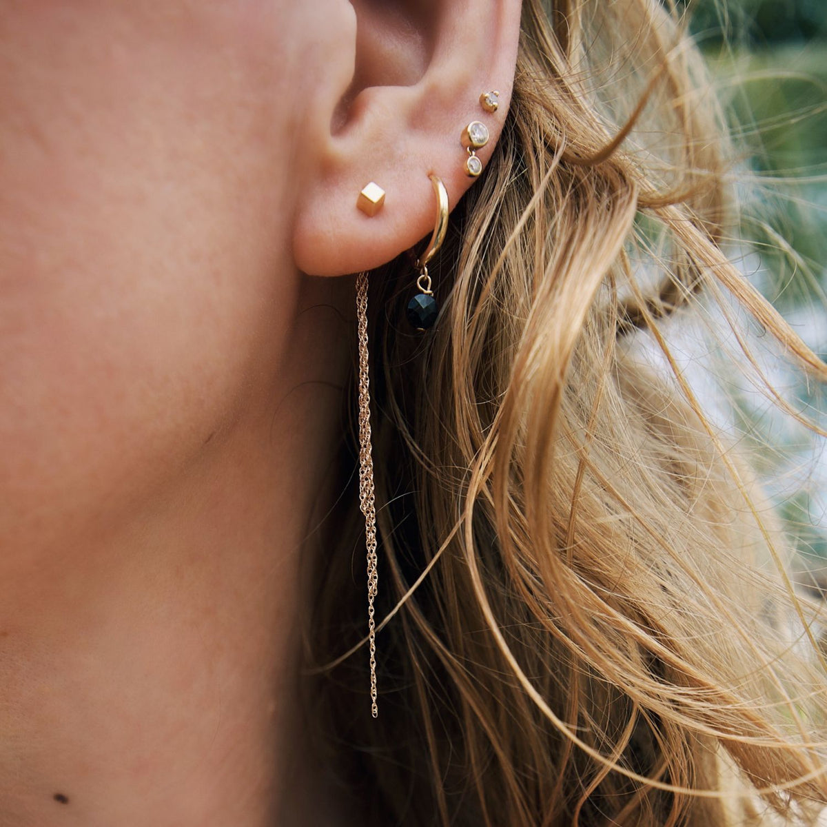 14k solid gold cube stud earrings with chain