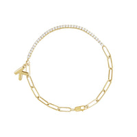 diamond tennis bracelet with letter bubble charm gold on white background