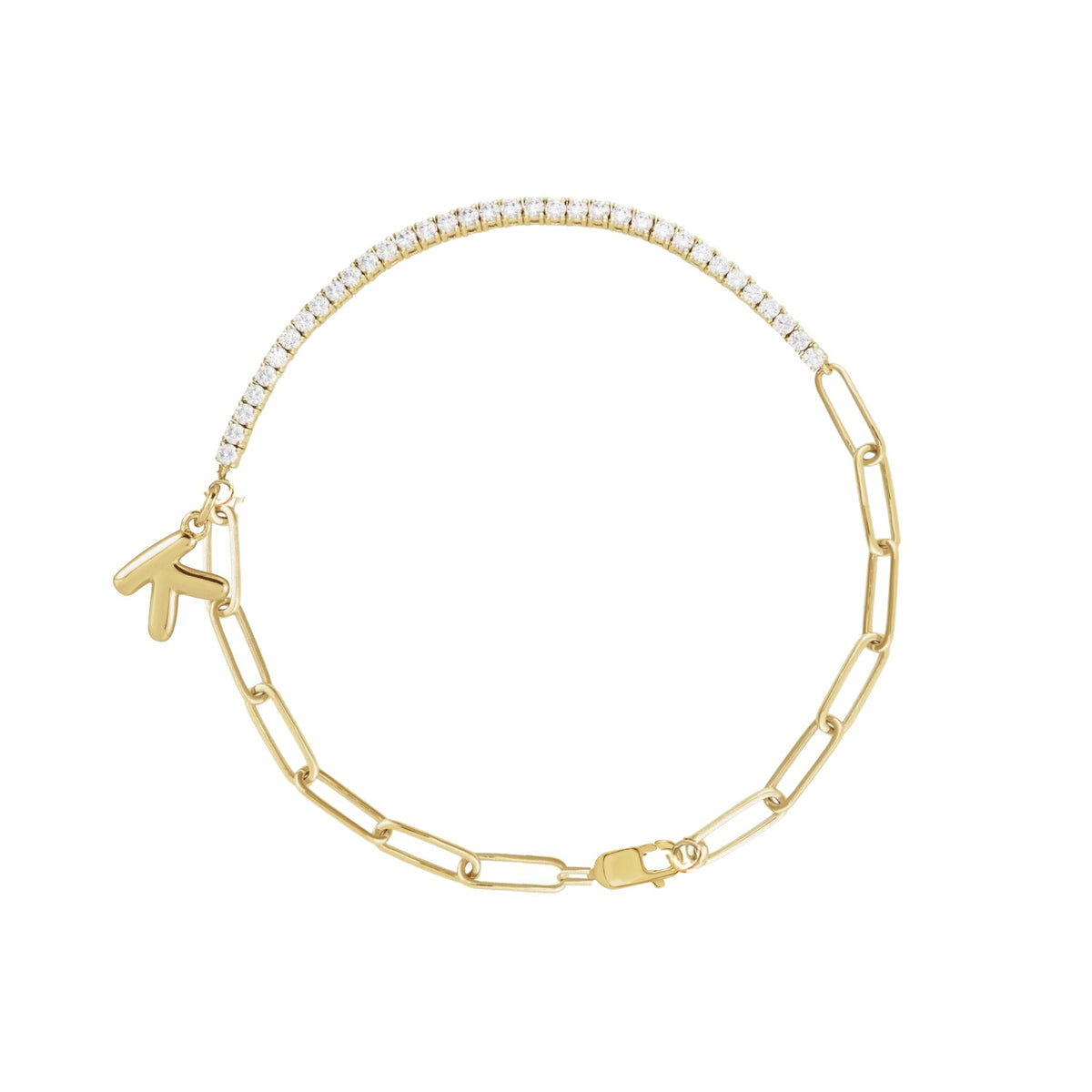 diamond tennis bracelet with letter bubble charm gold on white background