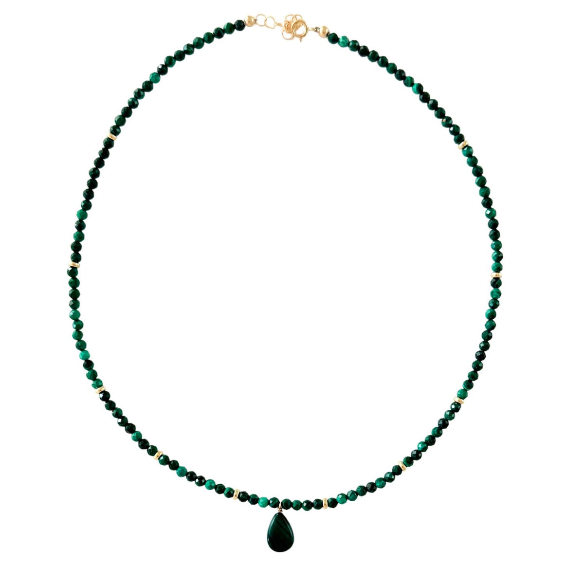 Green malachite beaded necklace with a teardrop pendant on a white background