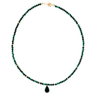 Green malachite beaded necklace with a teardrop pendant on a white background