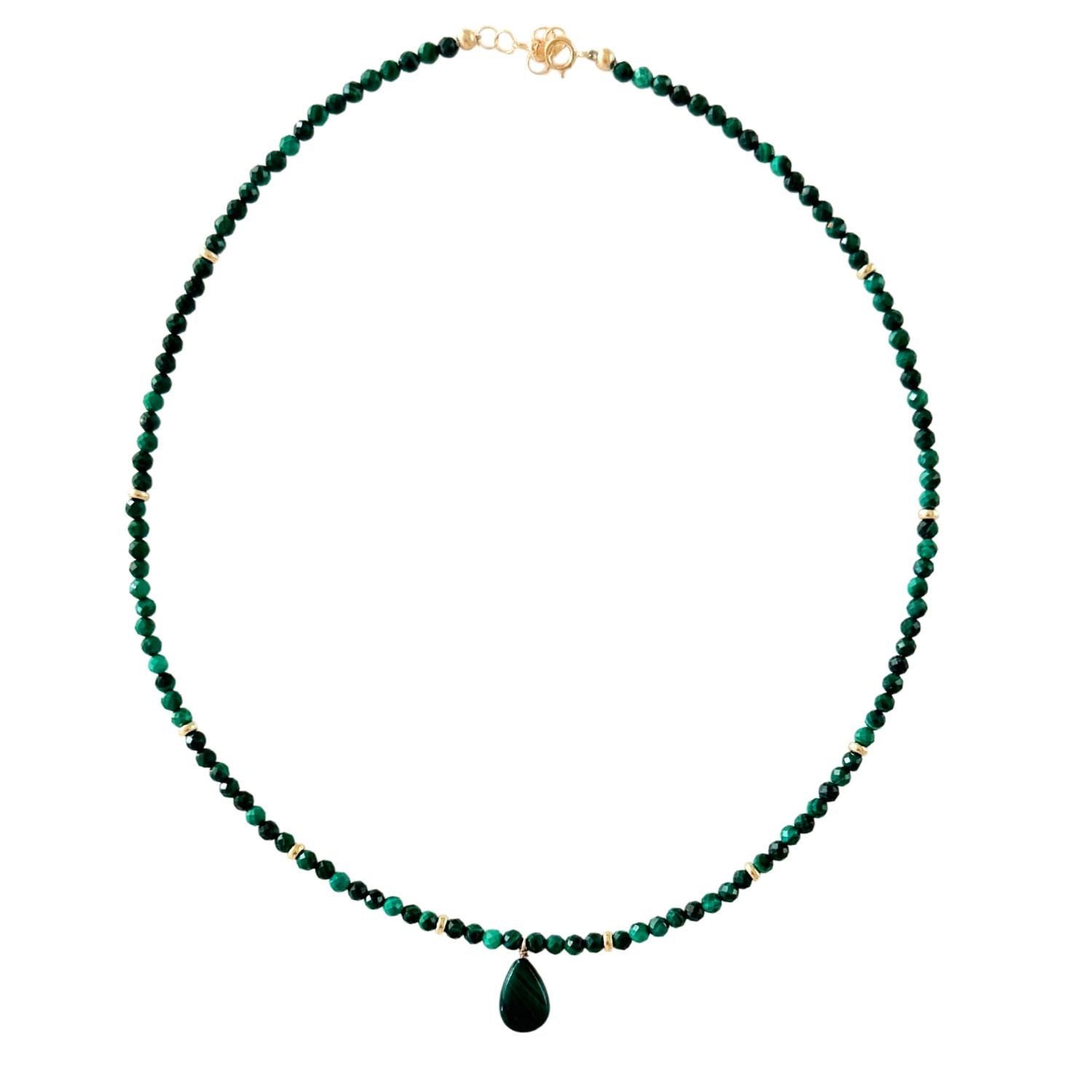 Green malachite beaded necklace with a teardrop pendant on a white background
