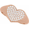 Rose gold heart-shaped ring with diamond accents on a white background