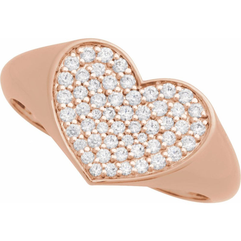 Rose gold heart-shaped ring with diamond accents on a white background