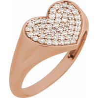 Rose gold heart-shaped ring with diamond accents on a white background