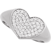 Heart-shaped silver white gold ring with embedded diamonds on a white background