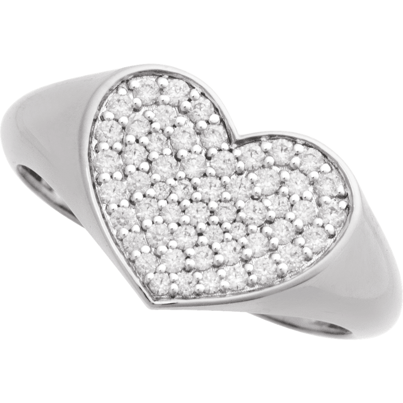 Heart-shaped silver white gold ring with embedded diamonds on a white background