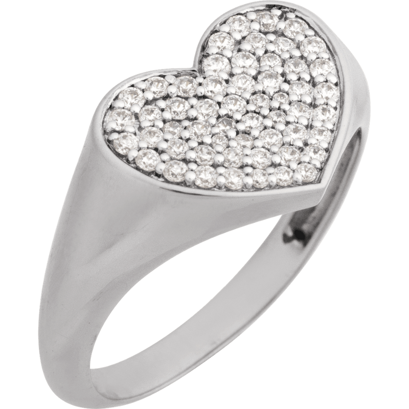 Heart-shaped ring with diamond accents on a white background