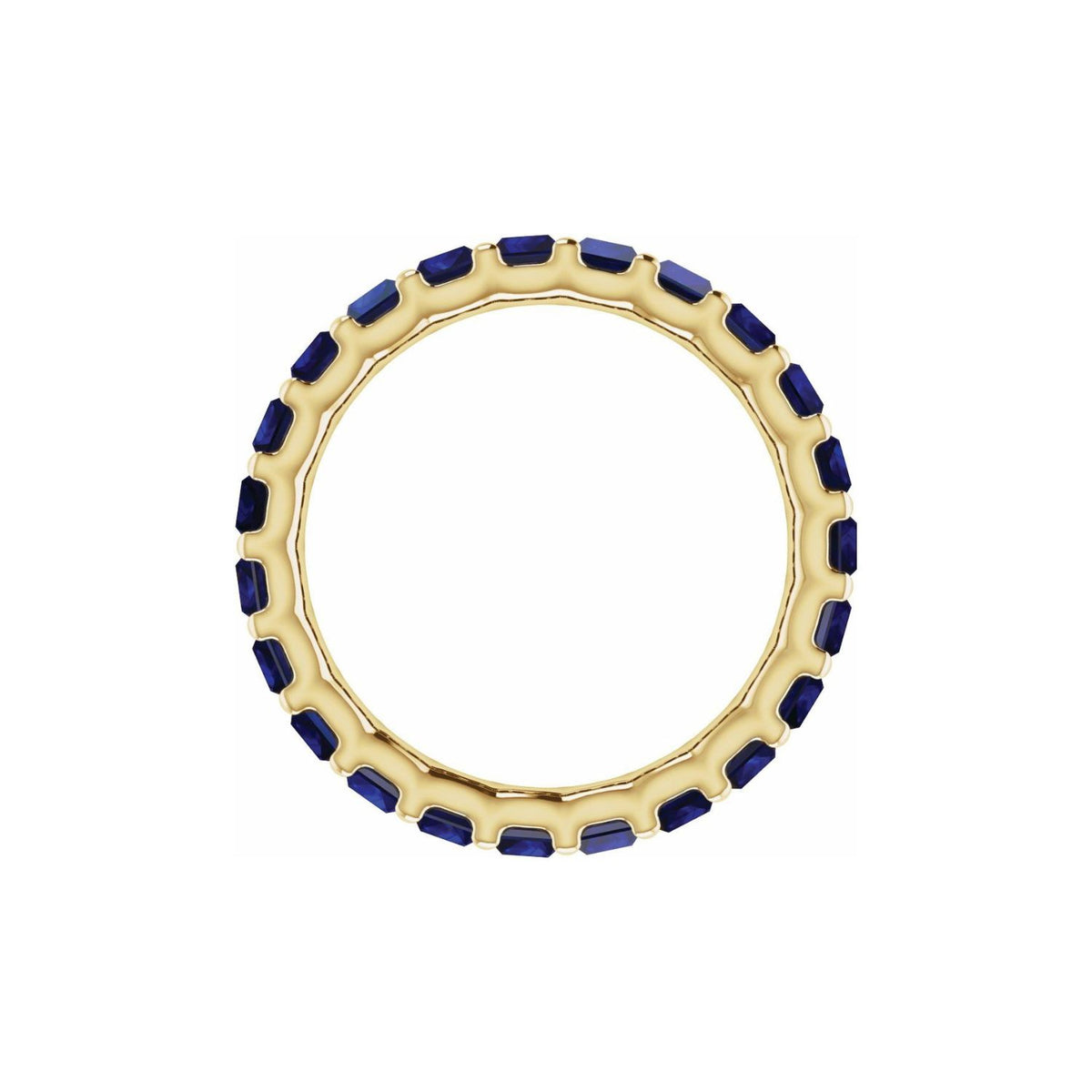 lab blue sapphire baguette eternity ring on white background