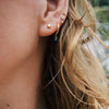 Close-up of an ear wearing gold cube stud earrings with a blurred natural background