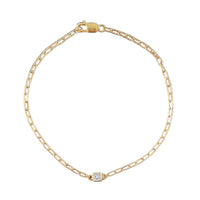 14k gold fairmined paperclip chain bracelet with lab diamond bezel on white background