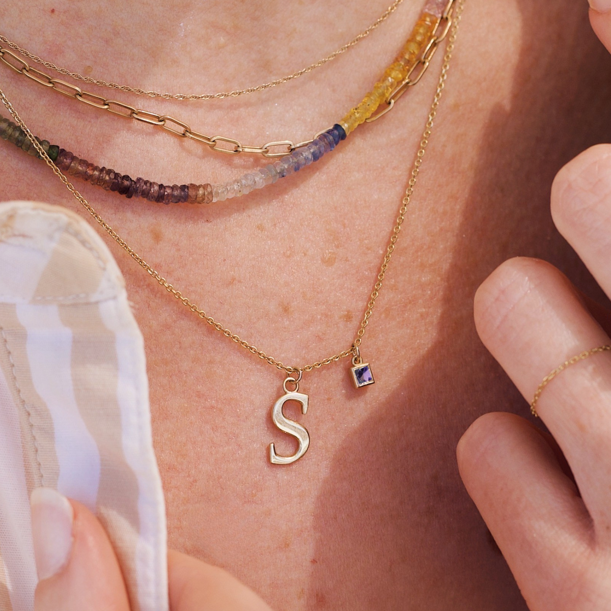 14k gold letter birthstone necklace