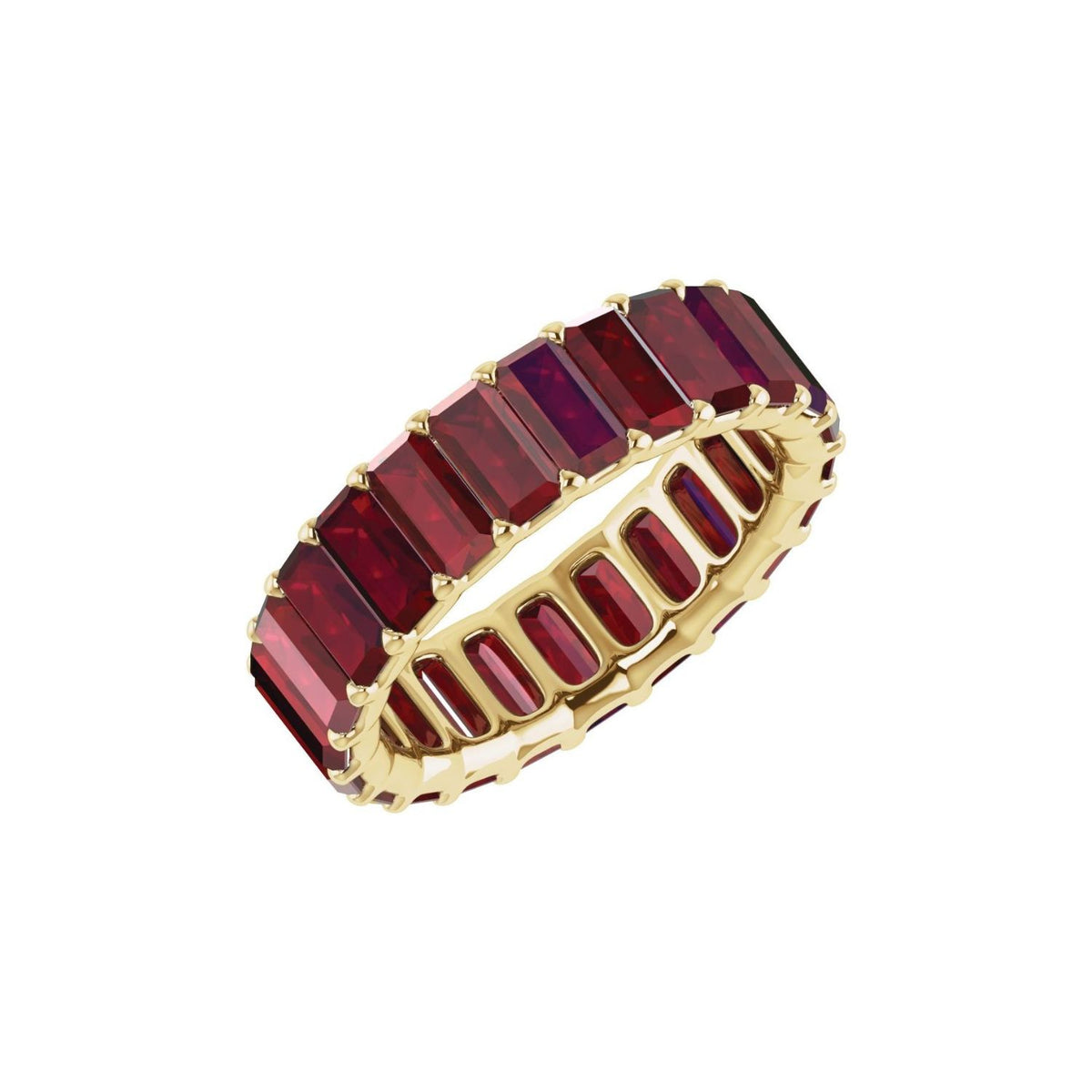 14k baguette lab ruby ring on white background
