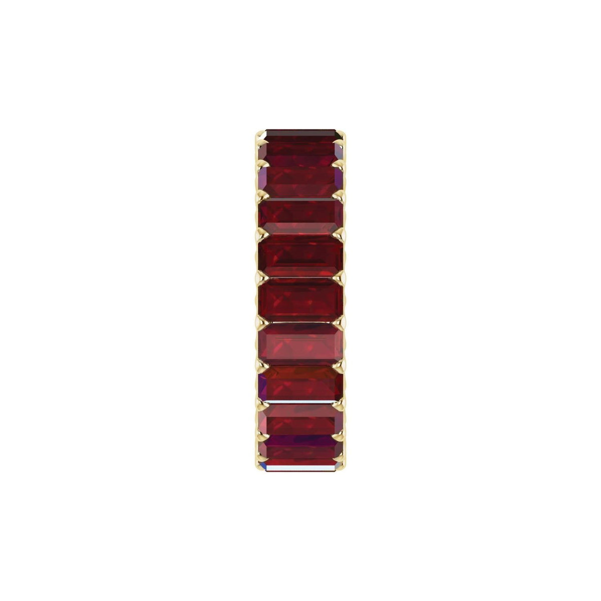 side view of a lab ruby baguette eternity ring 