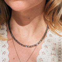 A close-up of a woman wearing a beaded labradorite necklace with faceted gray and iridescent blue-green beads, layered over a delicate gold chain necklace, against a white lace top.