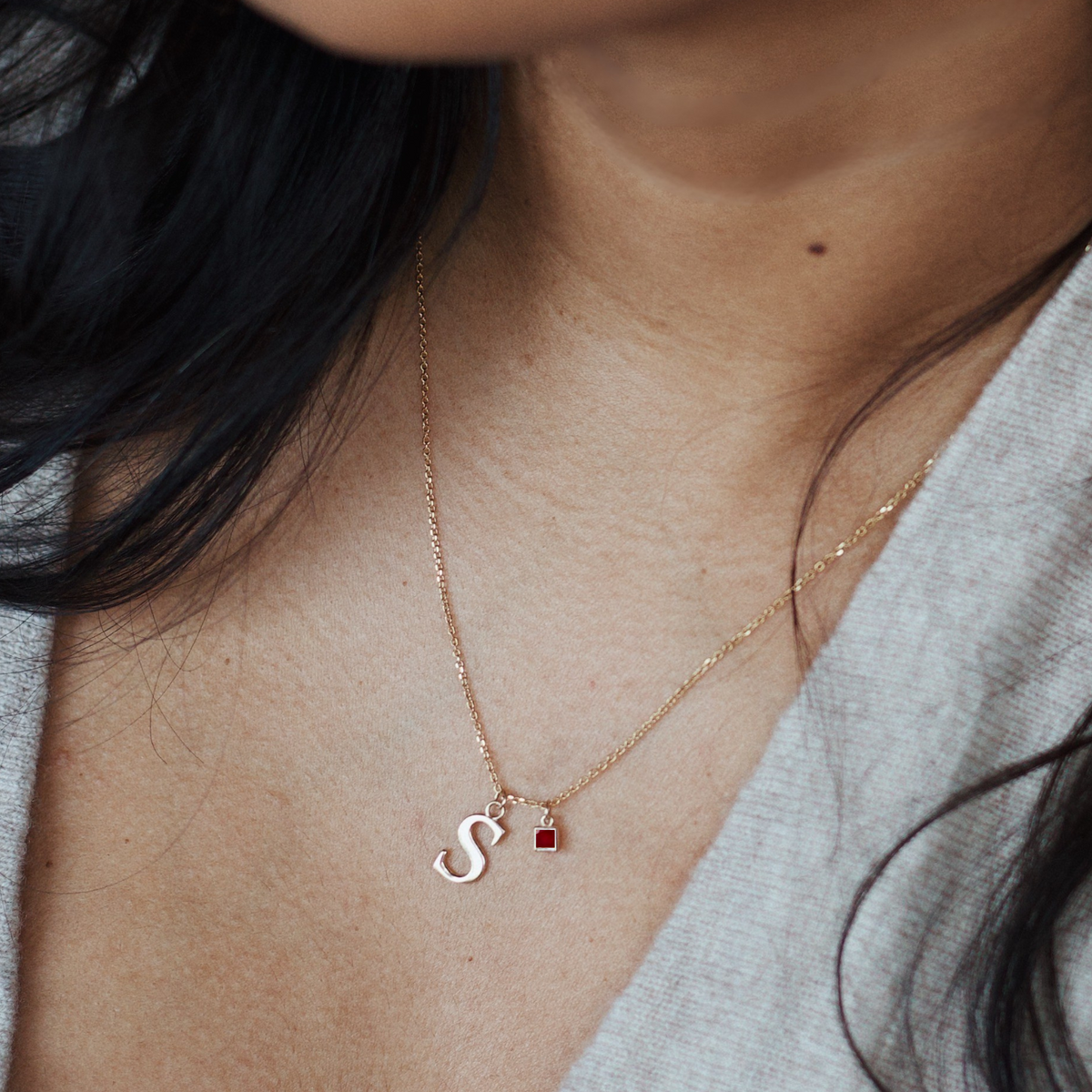 14k gold letter ruby necklace