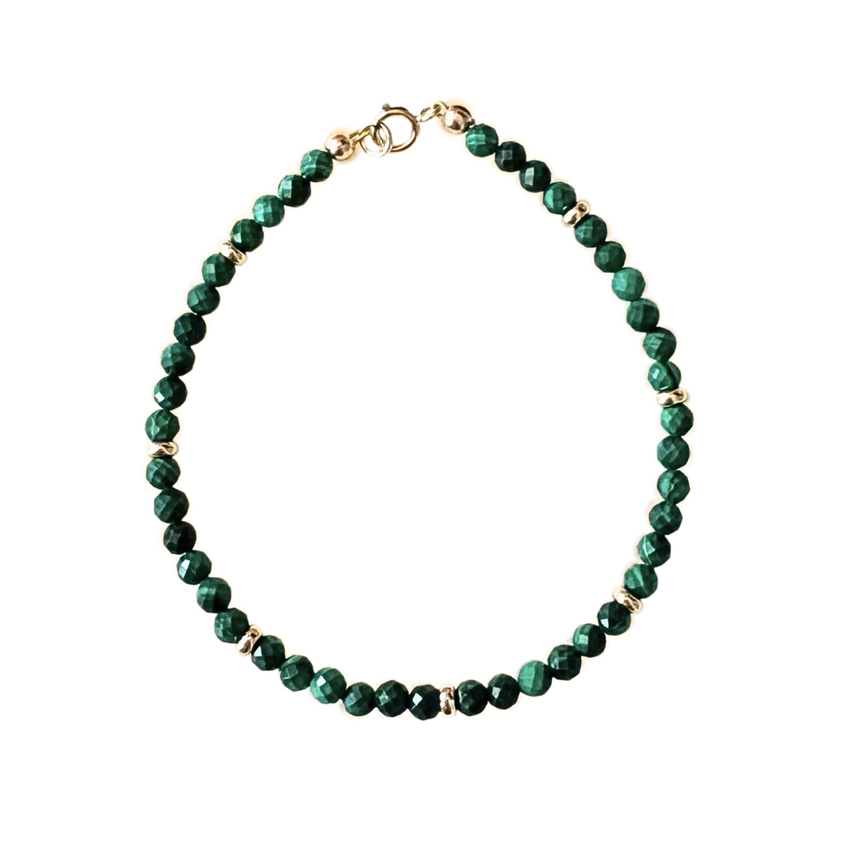 Green malachite beaded bracelet with 14k solid gold clasp on a white background