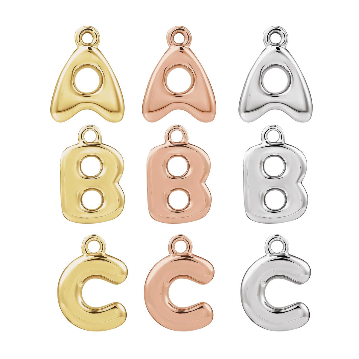 14k gold letter charms A, B and C on white background