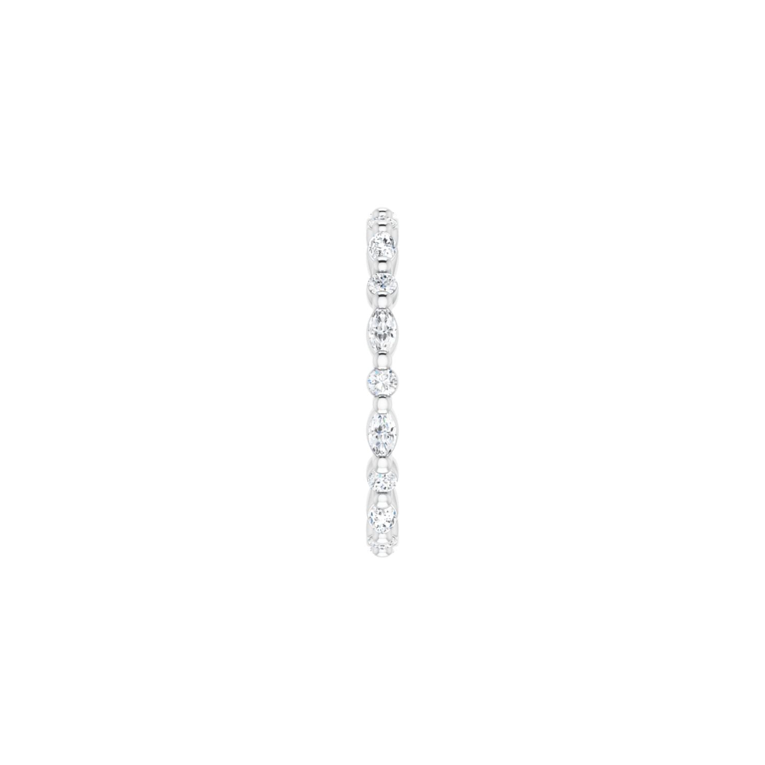 14K White Gold side view of ring with diamonds on a white background