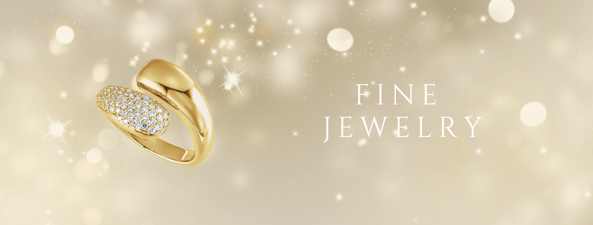 Gold ring with diamonds on a sparkling gold background with 'FINE JEWELRY' text.