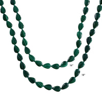 Green malachite beaded necklace on a white background with measurements indicated.