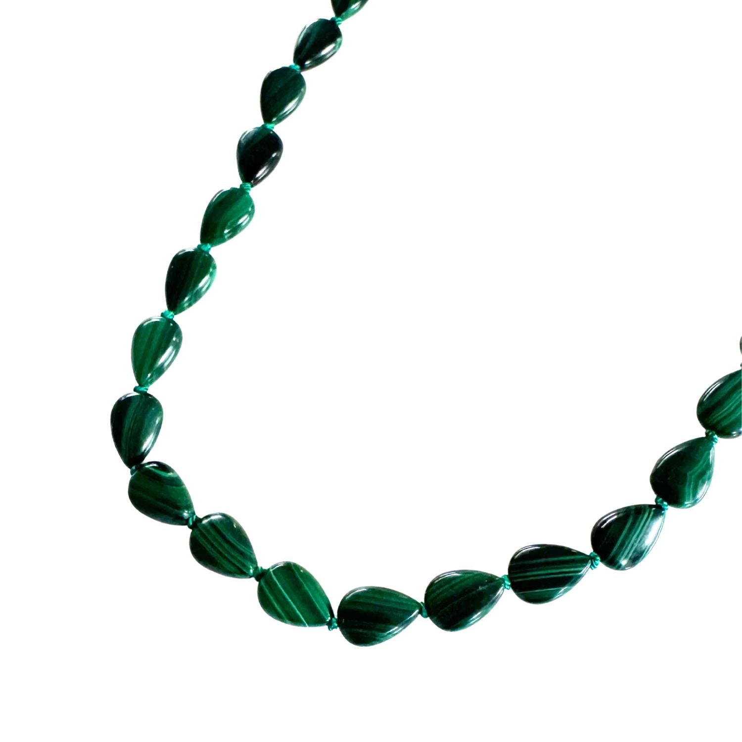 Green malachite beaded necklace on a white background