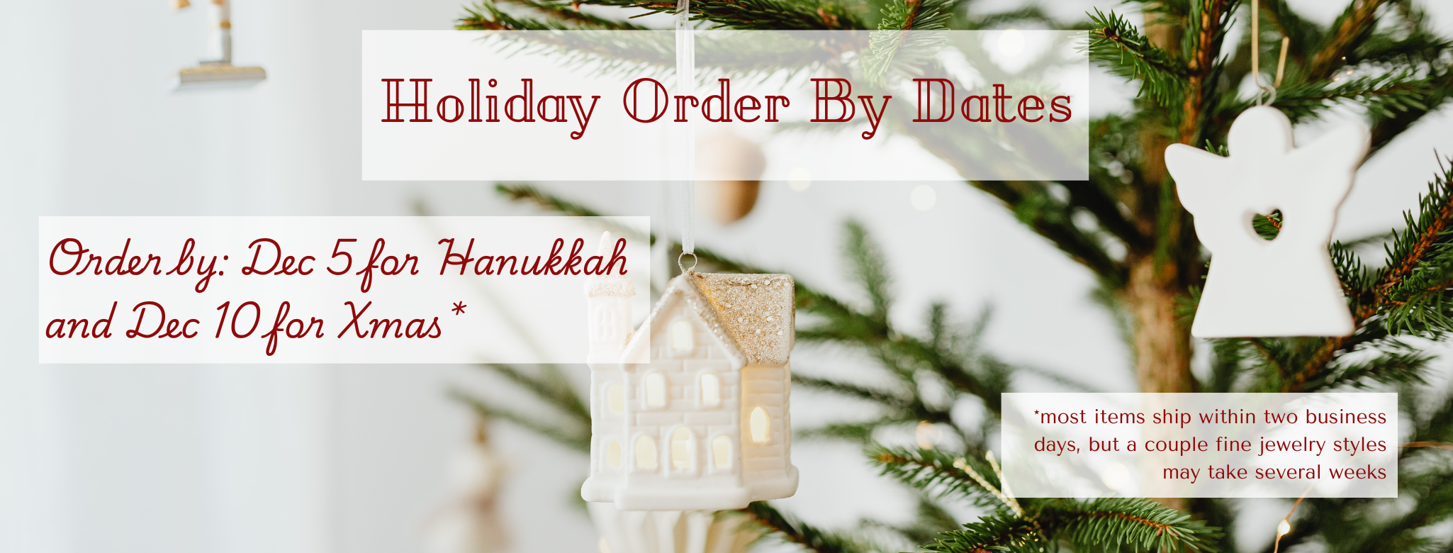 Decorative Christmas scene with ornaments and text overlay about holiday orders.