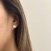 Close-up view of the Clover earrings showing intricate detailing on the leaves, Model wearing Clover earrings, showcasing their elegant and nature-inspired look