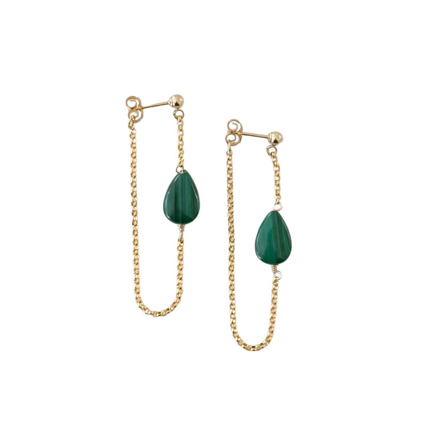 Malachite Stone Earrings with Gold Chain