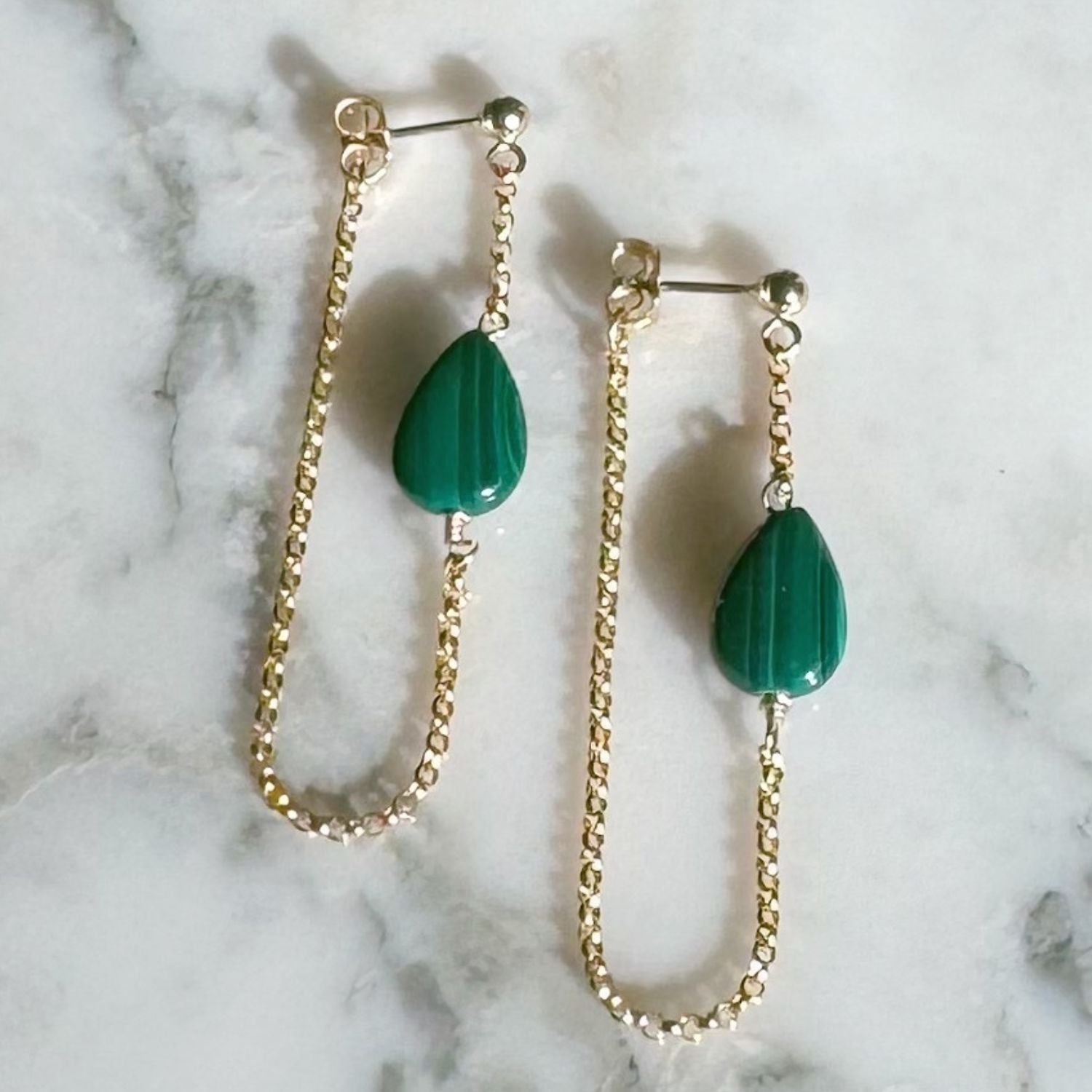 Malachite Stone Earrings with Gold Chain