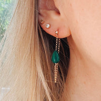 Malachite Stone Earrings with Gold Chain on model 