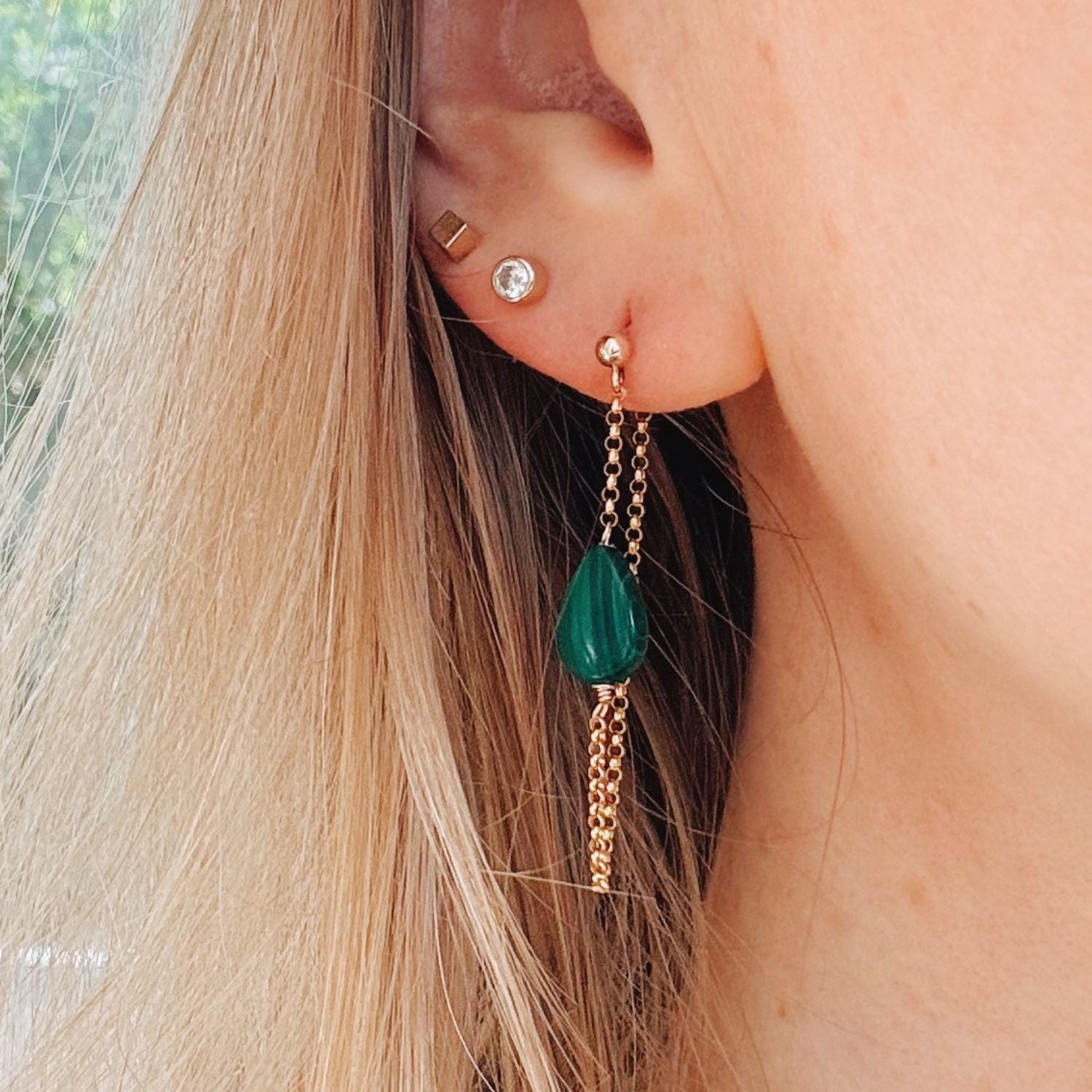 Malachite Stone Earrings with Gold Chain on model 