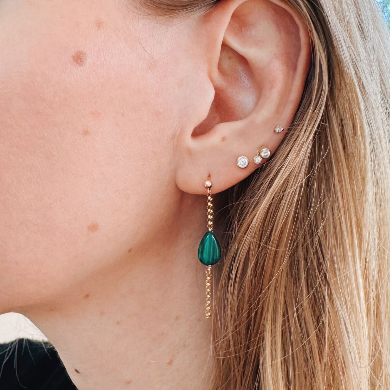 Malachite Stone Earrings with Gold Chain on model