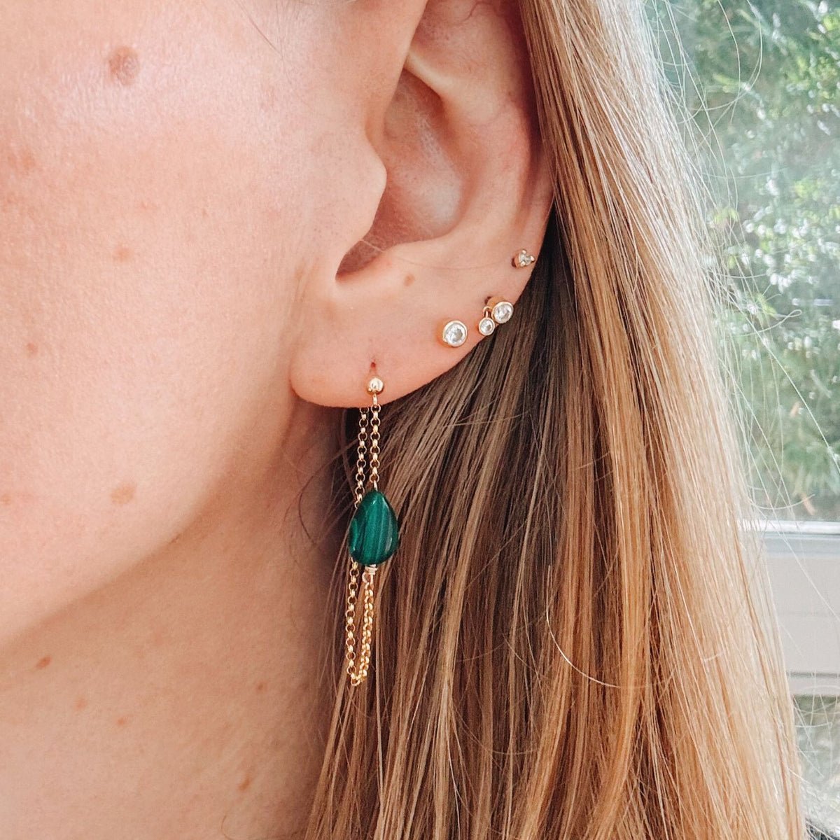 Malachite Stone Earrings with Gold Chain on model