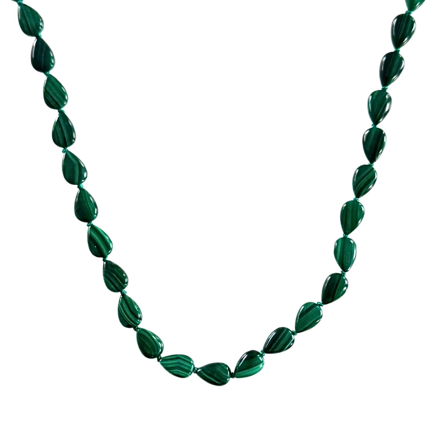 Genuine Malachite beaded necklace on a white background
