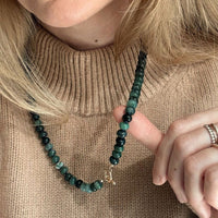 Moss agate necklace with beads in various shades of green. 