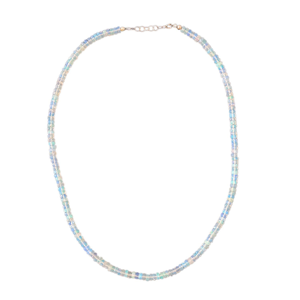 A delicate beaded necklace made of small iridescent opal beads that reflect pale blue, white, and hints of pink, with a gold clasp at the top, shown on a plain white background.