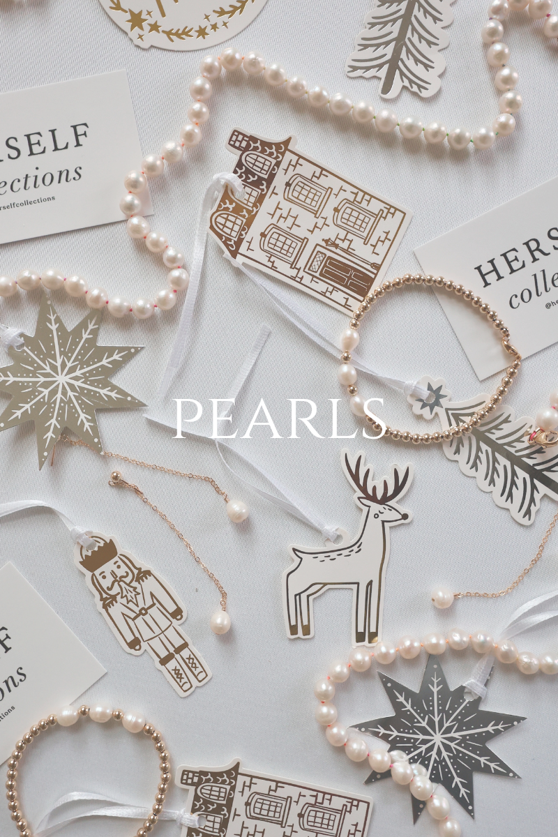 Pearl jewelry with winter holiday decorations on a white background