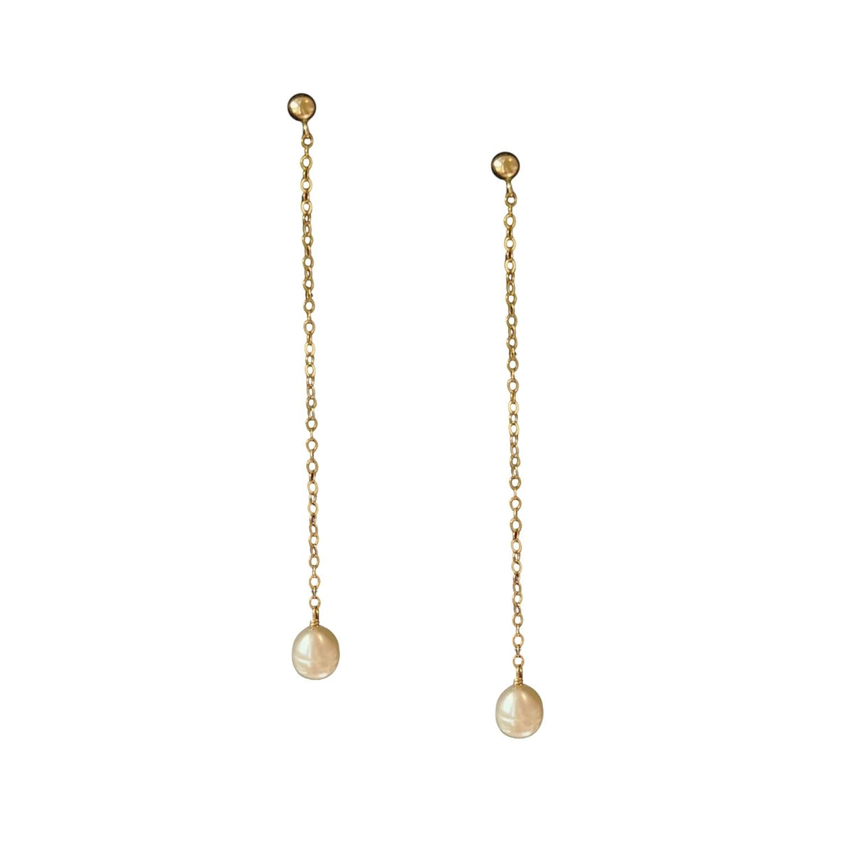 A pair of gold dangle earrings with a small round stud at the top, a delicate chain hanging in the center, and a baroque pearl pendant at the bottom, shown against a plain white background.