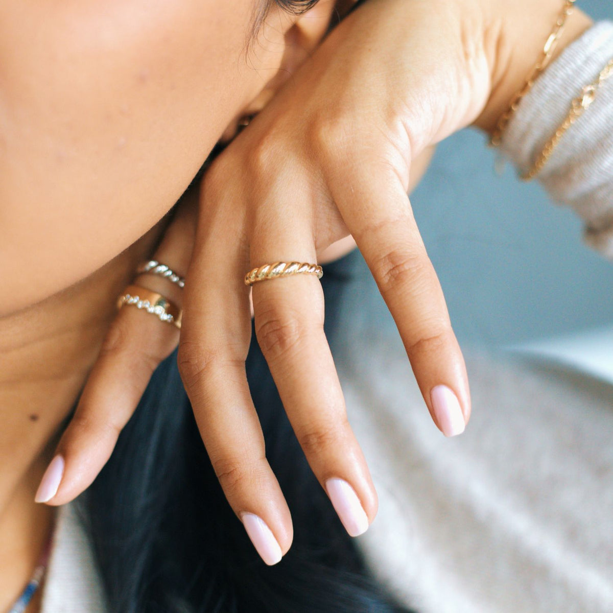 14k gold rope ring with other stacking rings
