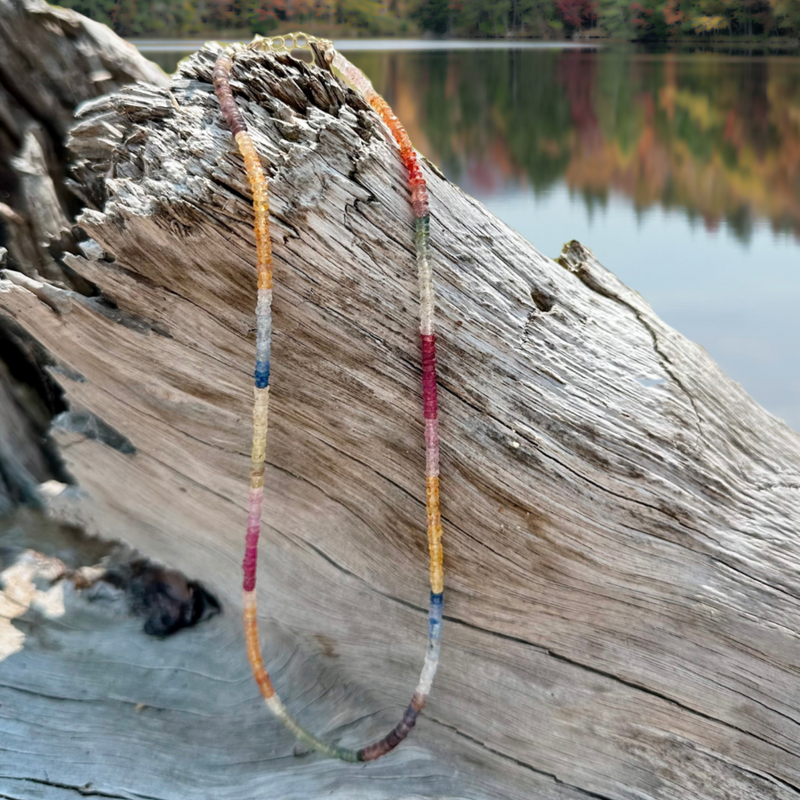 rainbow sapphire necklace on driftwood of autumn lake
