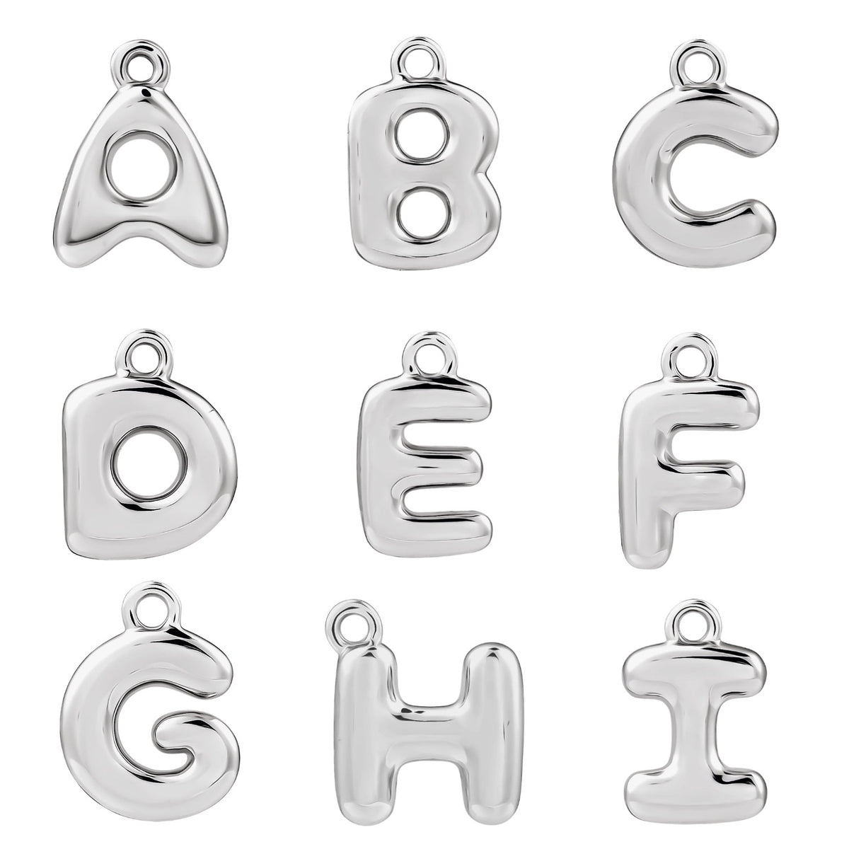 Silver Letter Charms A through I on a white background