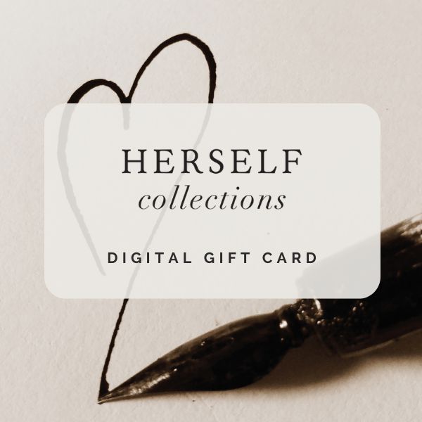 Digital gift card for 'HERSELF collections' with a feather pen on a textured background