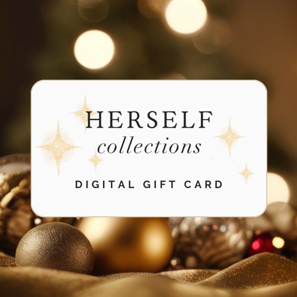 Digital gift card from 'HERSELF collections' with festive decorations in the background