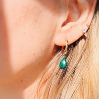 Close-up of an ear wearing a gold earring with a green teardrop pendant.