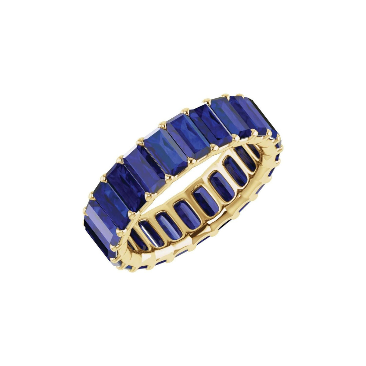 lab grown blue sapphire eternity ring on a white background