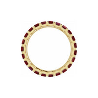 lab ruby baguette eternity ring on white background