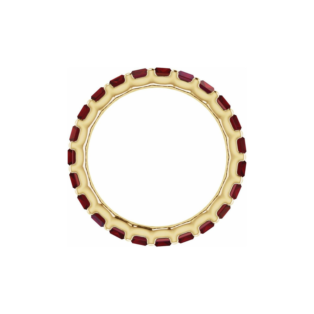 lab ruby baguette eternity ring on white background