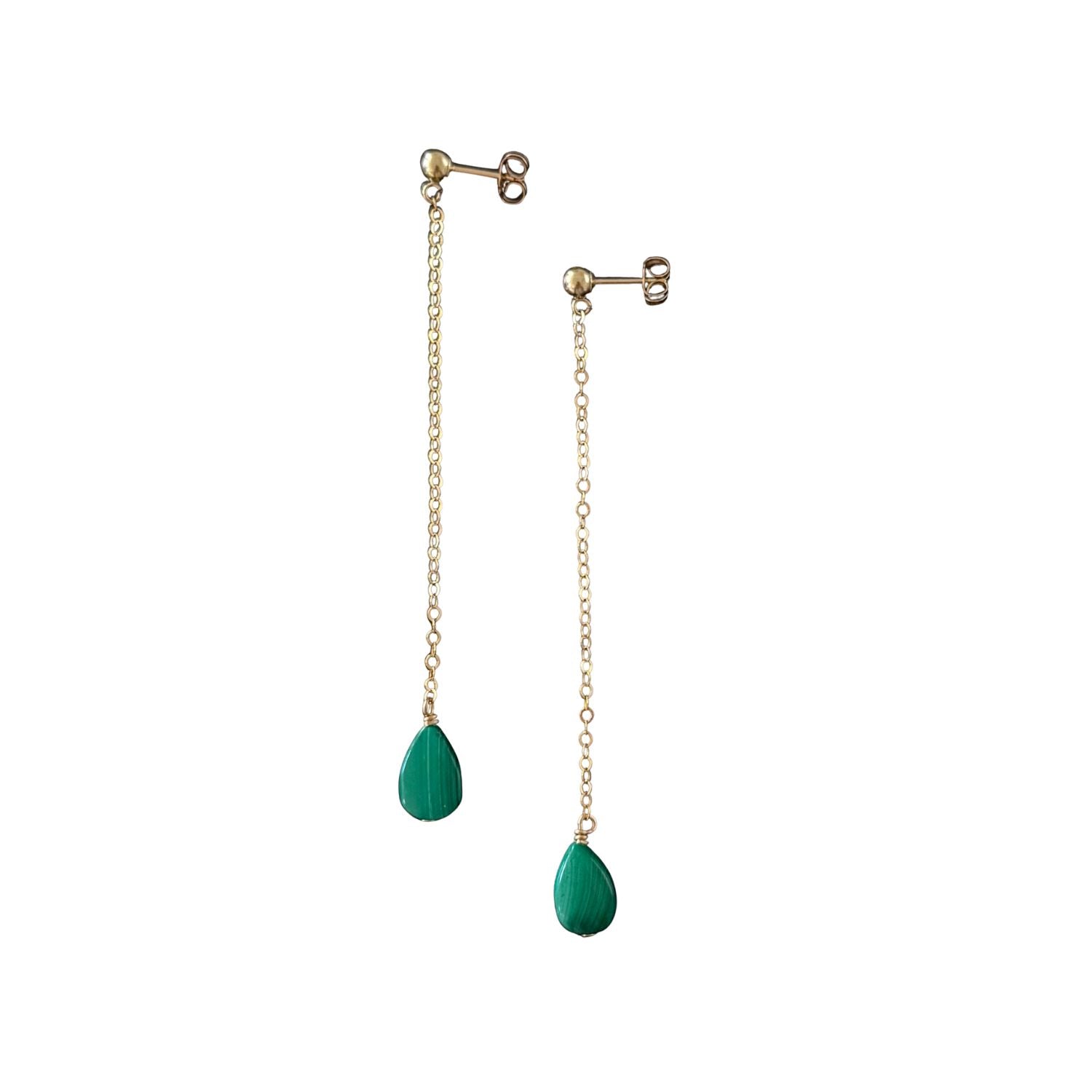 Gold chain earrings with green teardrop pendants on a white background