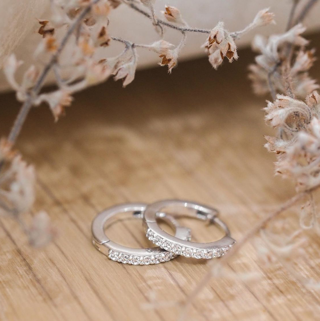 14k white gold and crystal tiny hoop earring